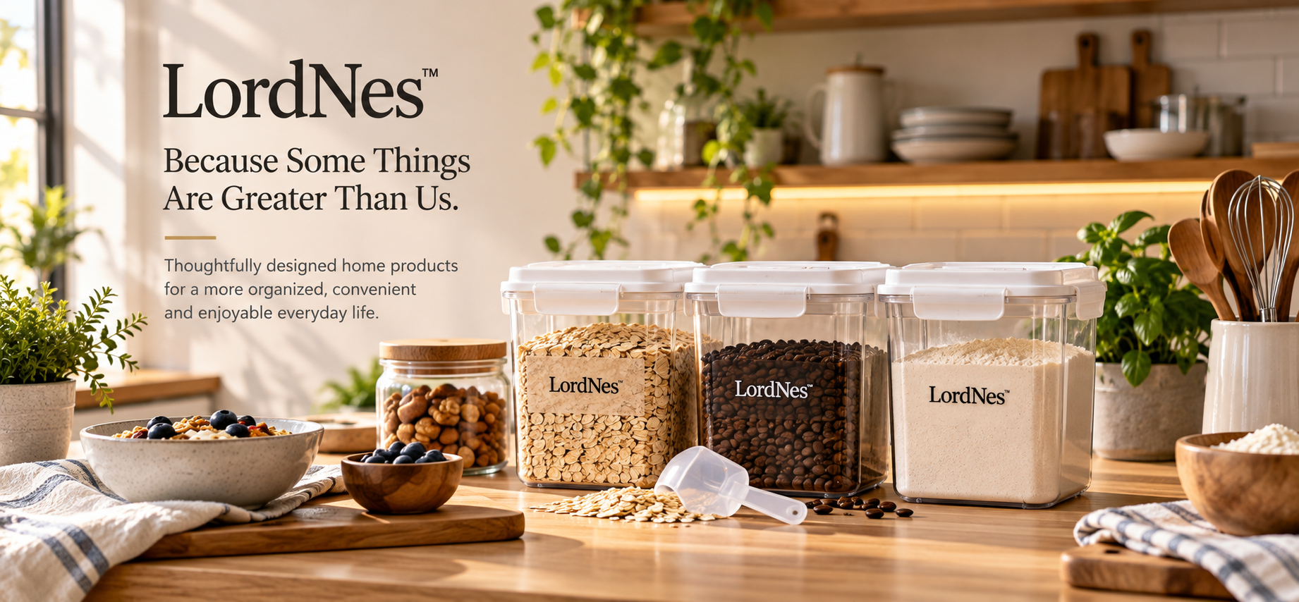 LordNes home storage containers in a warm, thoughtfully styled kitchen